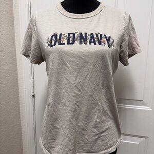Old Navy Beige Tee with Navy Floral Logo